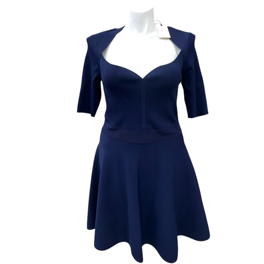 Ted Baker MILLLY Dress Womens Size 14 16 6 Navy Sweetheart Knit Skater Fit Flare